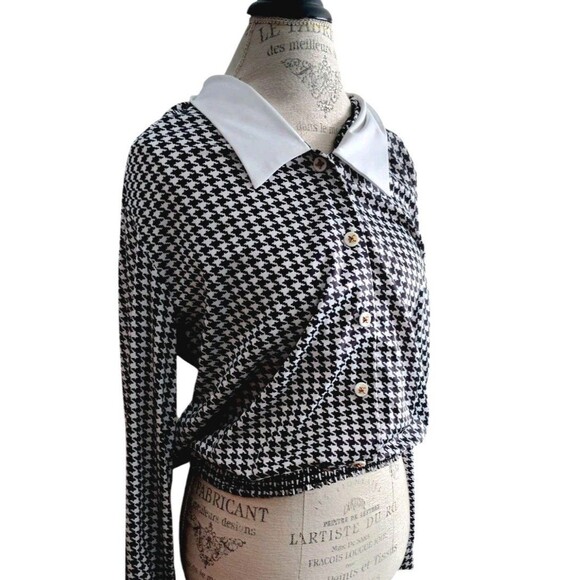 Lori Tops - Vintage 80s Houndstooth Blouse Black White Lori AM 14 Medium